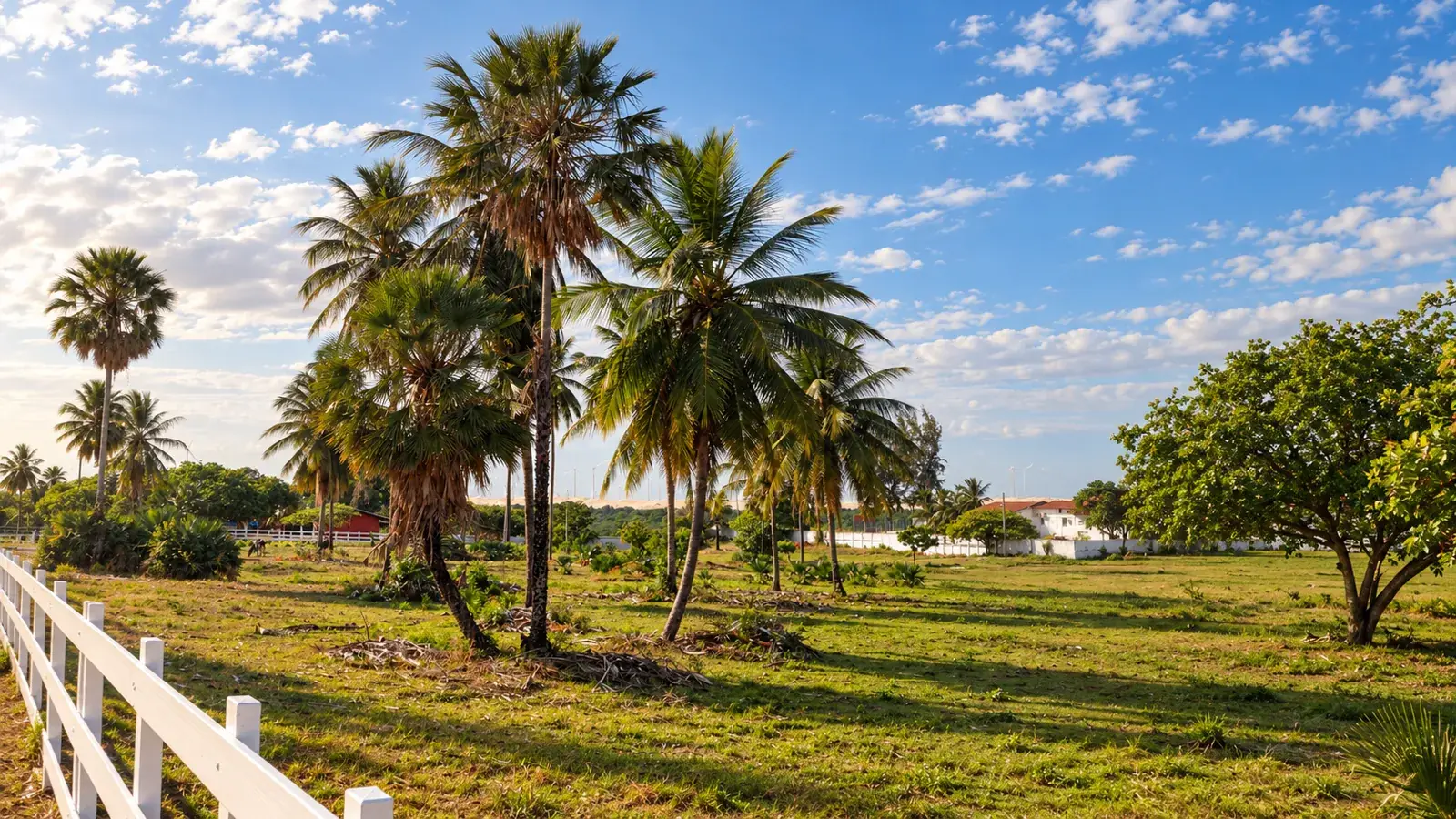 Coqueiros, pasto verde e dunas sob céu azul